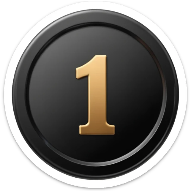 Emoji icon of a black coin with engraved number 1, minimalist style, isolated sticker