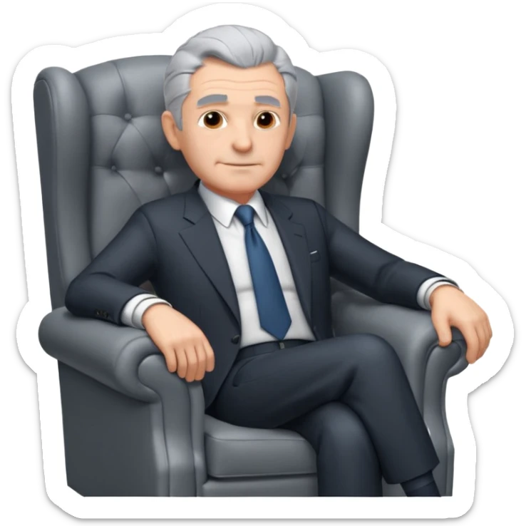 elderly businessman sitting in an armchair, wearing a formal suit and tie, gray hair, confident wise expression, corporate boss vibe, 3D cartoon style, mobile game icon style, clean background, no text, no watermark
 sticker