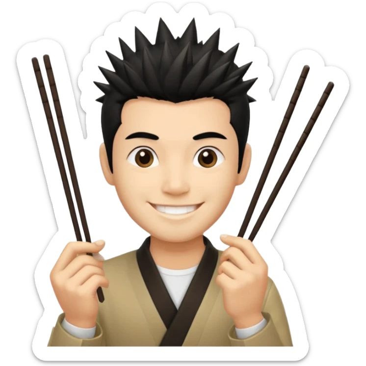 Make it a vietnamese male with spiky black hair hold a pair of chopsticks sticker