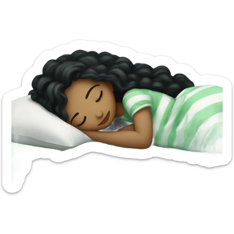white girl with long curly black hair sleeping in a bed with faded green striped comforters sticker