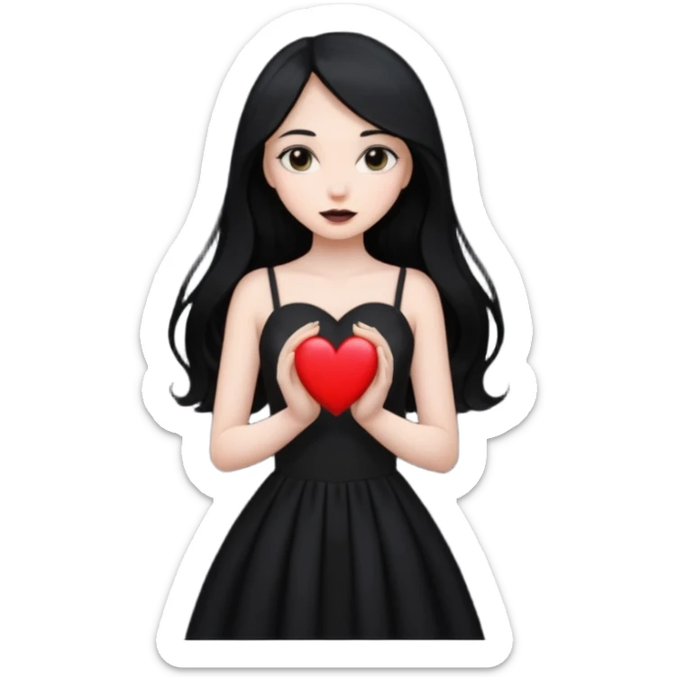 Pale girl with long black hair and black dress with holding black heart sticker