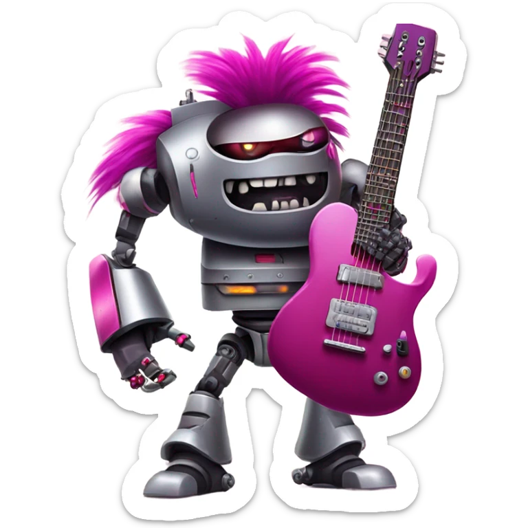 cyberpunk rockstar, magenta mohawk, robot heavy metal rock star,  red mechanical sci-fi electric guitar, (close up view1.3) sticker