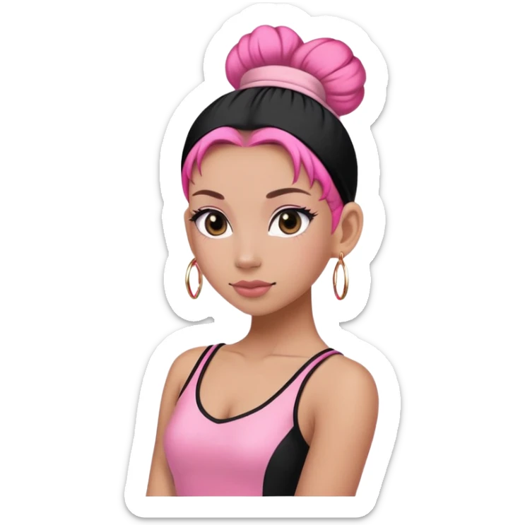 a dancer in a black and pink outfit with a sleek bun tied with a pink hairband." sticker