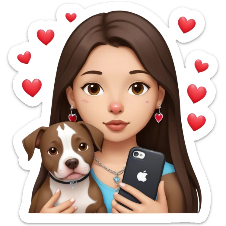 Young girl with long dark brown layered hair hair sits with her one dog who is a pretty girl pitbull with her cell phone in her hand in a small septum ring in her nose was hearts flying all around her sticker