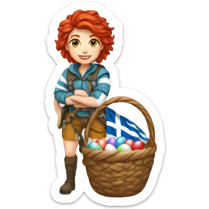 Female winter mountaineer red hair white skin climbing with Greek Flag and Easter eggs basket sticker