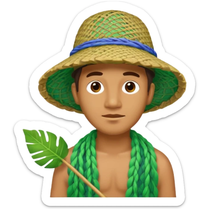 Hawaiian man with colorful cloth and leaf hat green and fishing net sticker