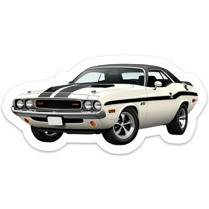 White 1971 Dodge Challenger muscle car with black racing stripes, minimalist style, vintage American muscle car, similar to the one from Death Proof movie sticker