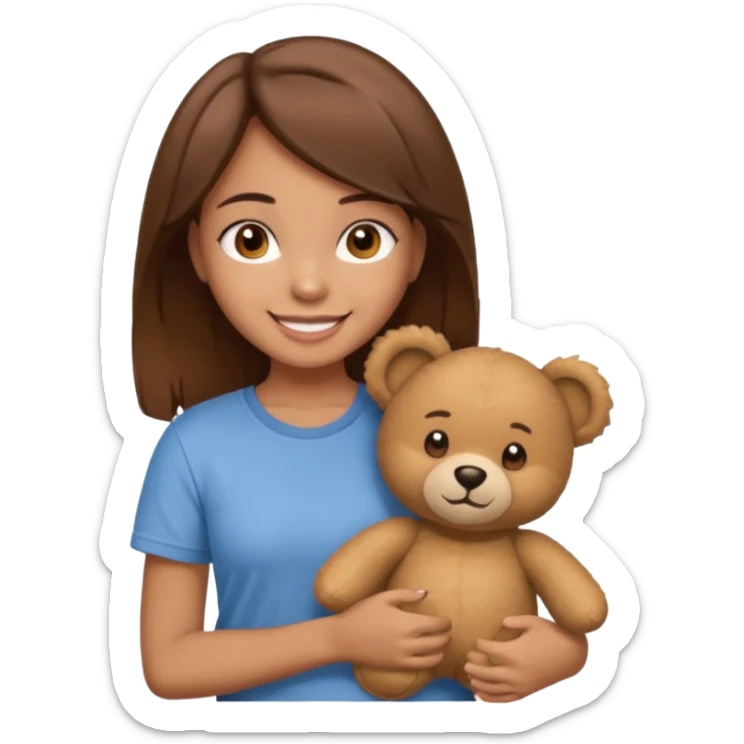 A Girl with Brown hair and Brown eyes with a t-shirt of a Teddy bear sticker