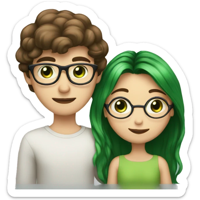 A heavy set boy with brown hair blue eyes and a mustache is kissing a green haired girl who is thin with green eyes and wearing glasses sticker