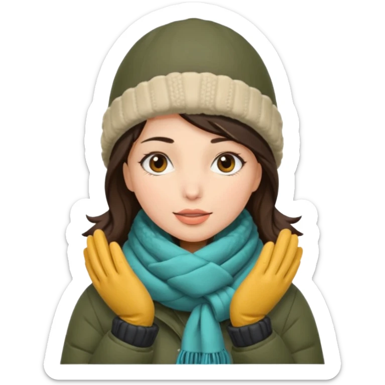 Brunette woman bundled up with parka, hat, scarf, and glvoes. The scarf covers her face  sticker