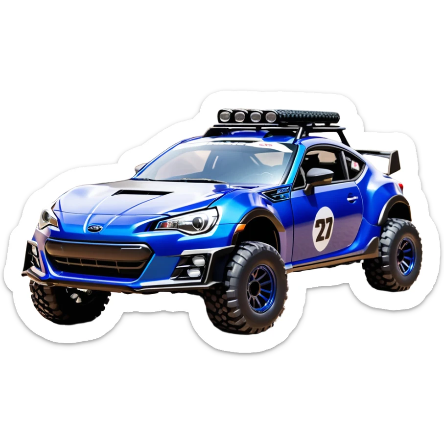 Rally race car Widened roof Long wheelbase widened pearly midnight satin dark blue  2025 Subaru brz off-road racer chrome nerf bars,side steps mounted under-door-sill climbing rock sliders, and silver satin wheels  sticker