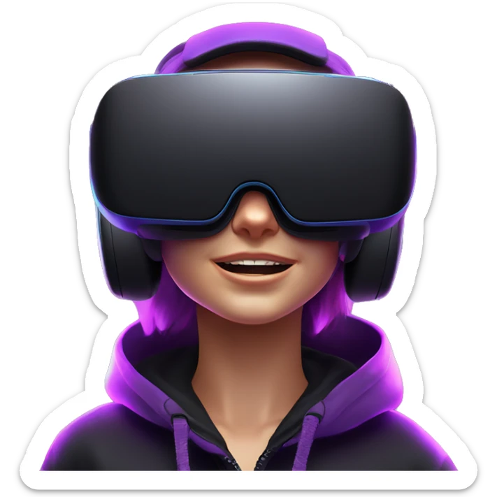 Russian girl wearing black hoody with violet letters "OMG", in vr headset oculus quest2. Dancing. Cyberpunk style. Violet neon. sticker