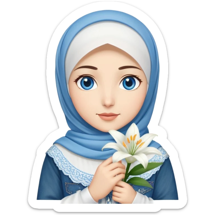 Turkish beautiful finish Konya girl blue eyes with denim and white hijab fresh islamic dress and had on her hand lilys flower  sticker