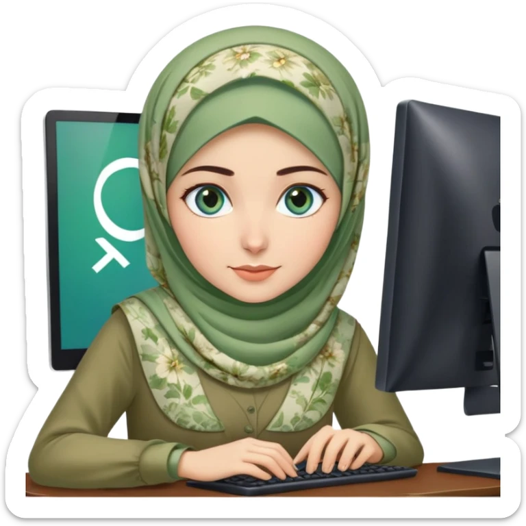 Turkish beautiful finish Konya girl blue eyes and green khaki hijab and light green floral dress and she work on office with computer sticker