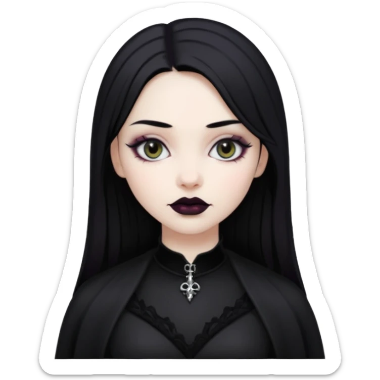 generate an image of a girl with black hair, caucasian and wearing gothic black clothes sticker