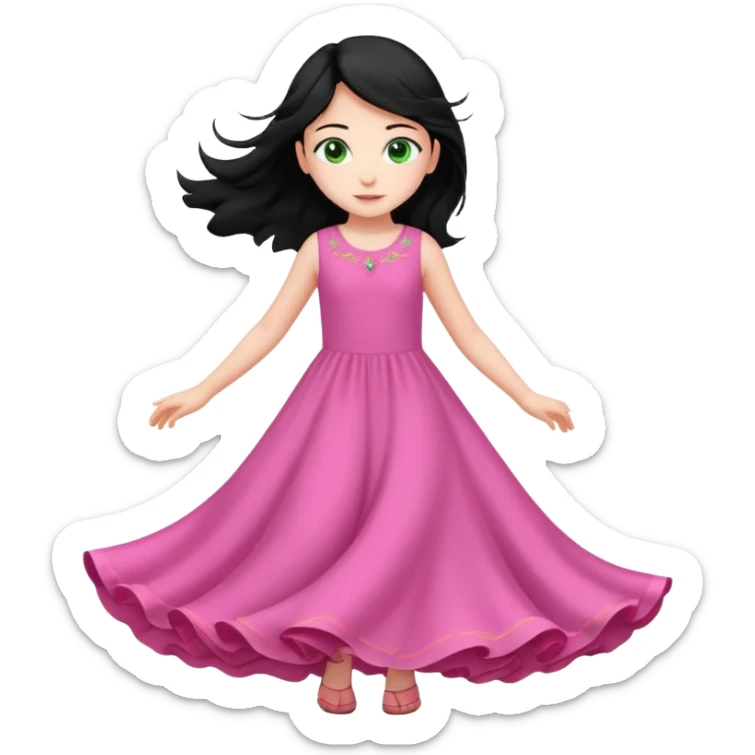 Una chica de 10 años volando con la piel clara el pelo negro y los ojos verdes con un vestido largo y rosa sticker