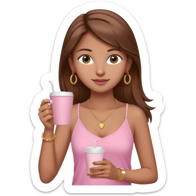 a pretty fair indian bratz girl with brown hair. with a pink cami top, drinking takeaway brown coffee, golden dainty necklace and carrying a white macbook sticker