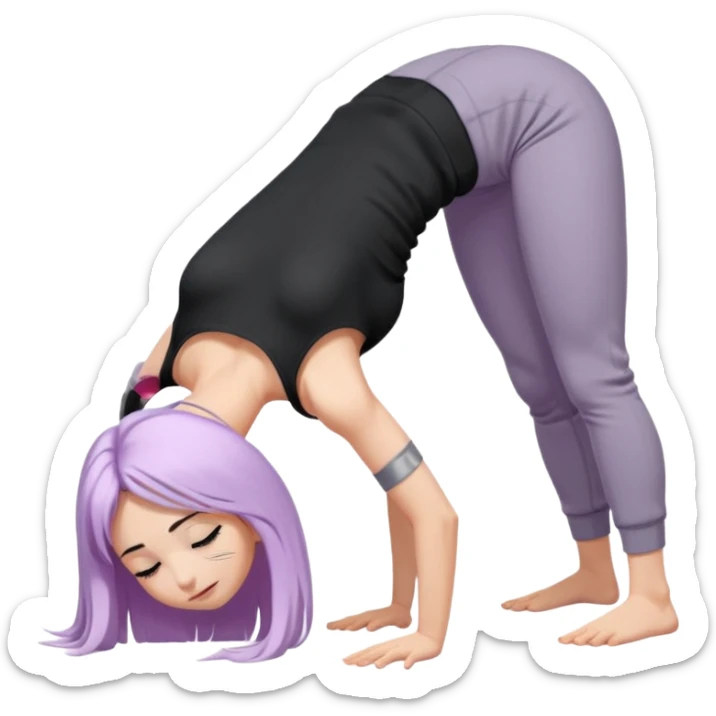 Девушка белокожая в позе собака мордой вниз, с длинными светло-лиловыми волосами, в черном топе, в серых спортивных штанах, с черными ресницами sticker