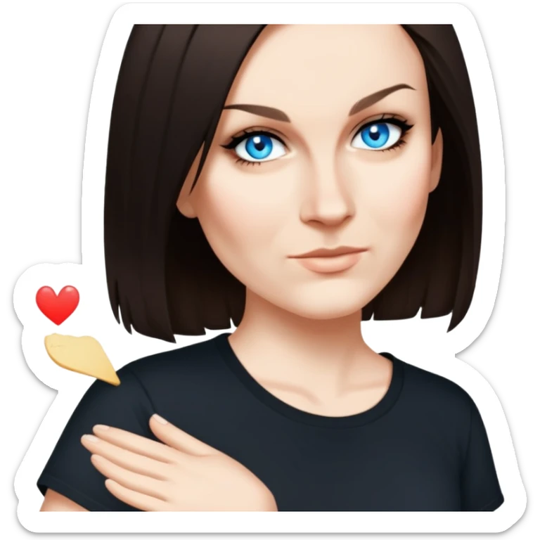 female, wearing black tshirt,  black hair sticker