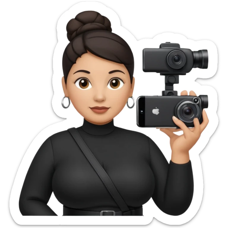 middle aged, latina plump woman photographer with dark hair, slicked back in a bun, wearing black clothes, carrying a canon r5, and an iPhone on a gimbal sticker