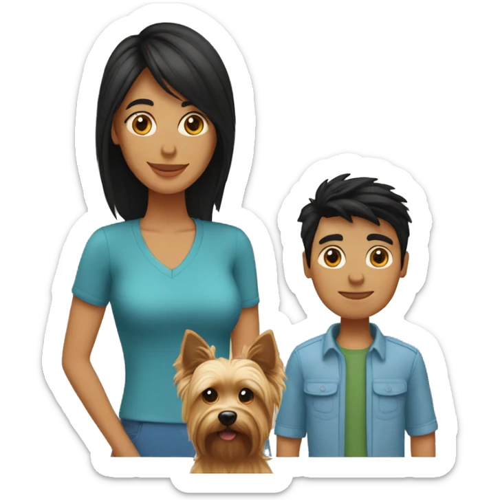 Dad with black hair,mom with black hair,son with blond hair and Yorkshire Terrier dog sticker