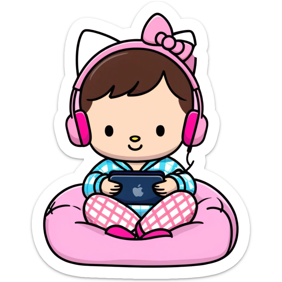 Cute brunette girl lounging on a bean bag with pink head phones on, wearing pink plaid pajama pants and hello kitty slippers and holding a pink iPhone  sticker