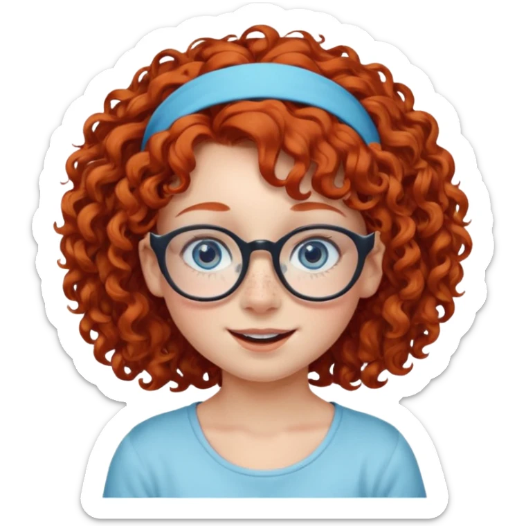 redhead kid with unique face features and very curly hair kid girl happy and big glasess and big nose and very blue eyes and headband with freckles sticker