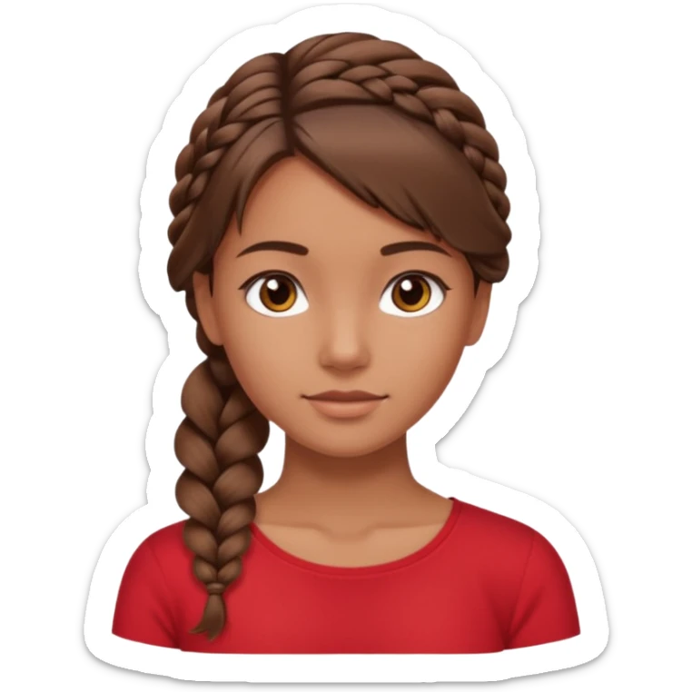 A tanned girl's face side-swept braid with a soft finish brown hair with red top sticker