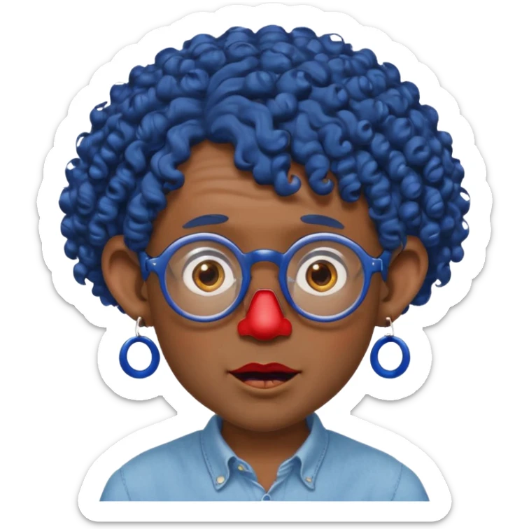 dark blue haired man curly hair with big ears and red earrings and spectacles surprised and hat wearing sticker