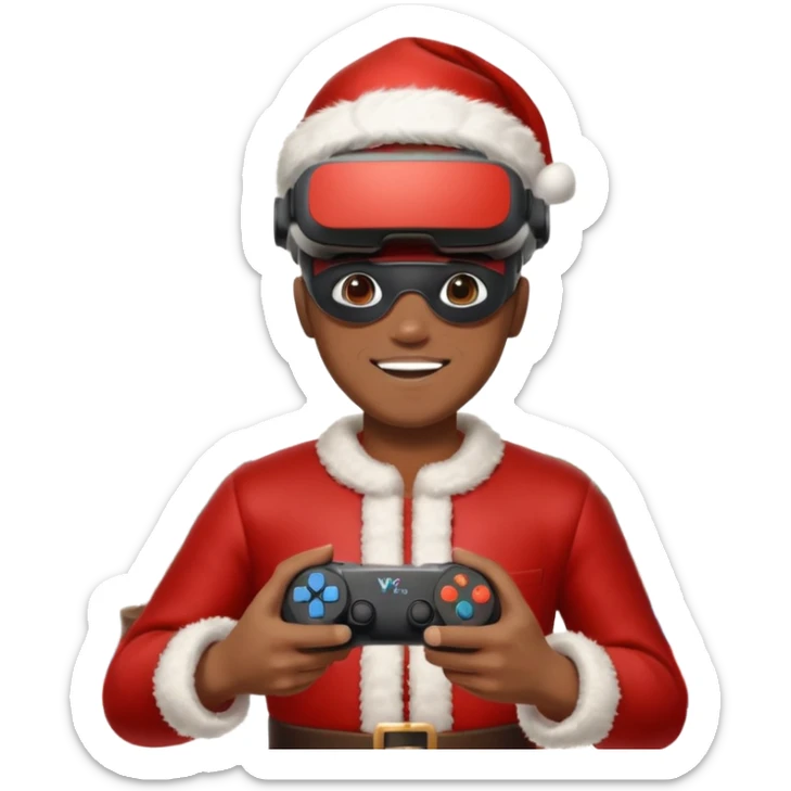 Homme photographe noir, week-end détente, équipé d’un appareil photo pro. Dans un décor Noël chaleureux, Père Noël à côté, sapin illuminé, lumières douces. L’homme porte un casque VR autour du cou ou sur la tête, et une manette PS 2025 dans la main libre. Ambiance festive, réaliste, couleurs nettes sticker