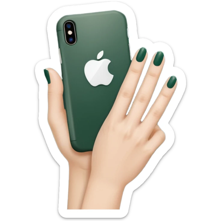 female hand with nude manicure (5 fingers) holding a white iPhone in a dark green case, minimalism, clean background, emoji style sticker
