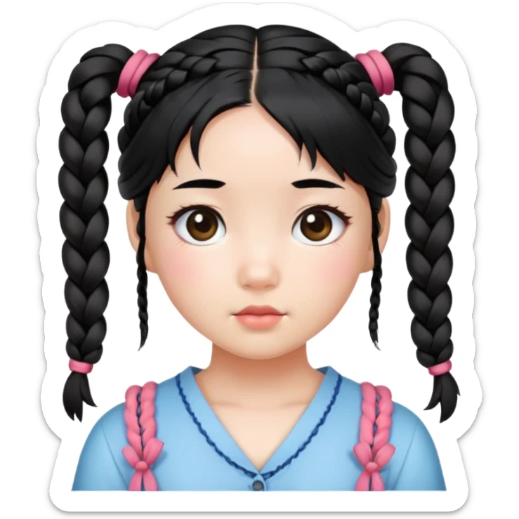 Korean girl, cute girl,  braided pigtails tied down, black hair sticker