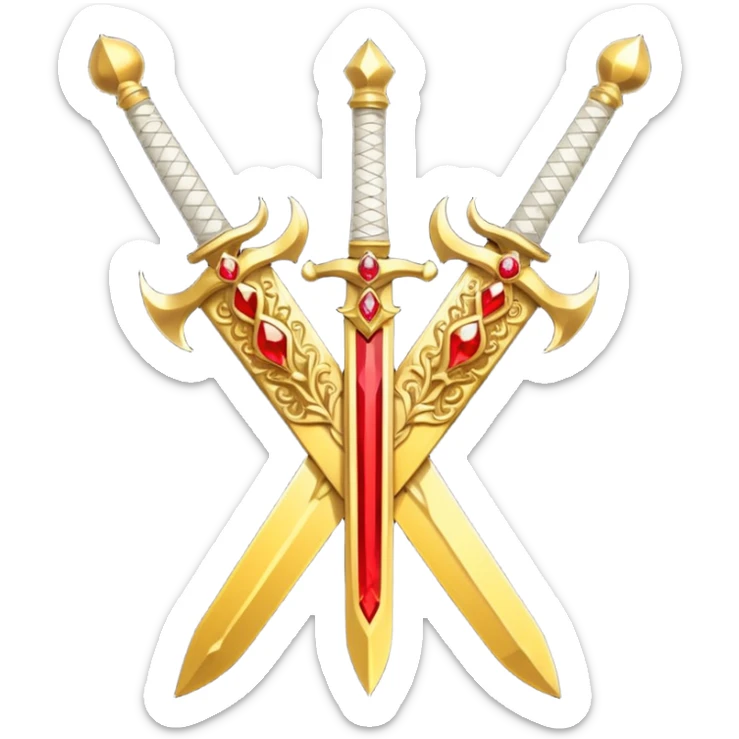 Two crossed swords that are golden in blade and handle and have fiery and royal appearence to them as well as red gem stones yellow in color sticker