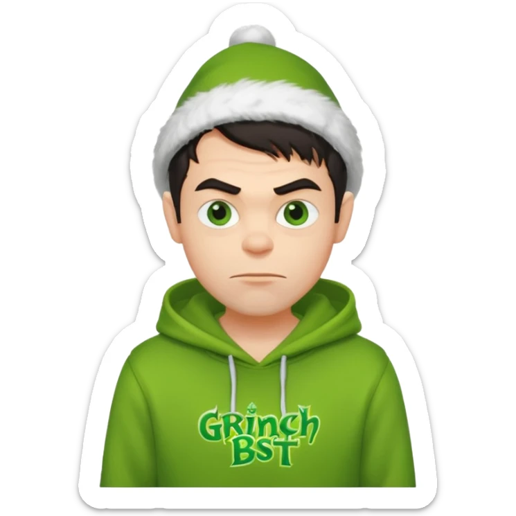 Create an avatar of white European with dark hair  male in hoodie with ``BST`` letters on it. Make background to look like from movie Grinch sticker