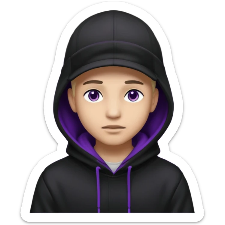 Carton character related to a shadow, with all black clothes, focusing a hoodie with his cap on, no visible face because of the darkness, just his purple shadow eyes making a light bloom sticker