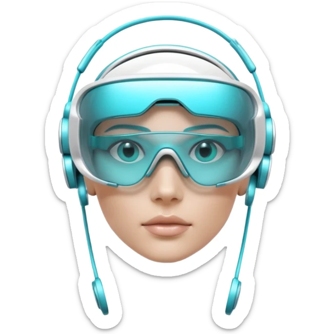 3D render of Digi-Visor, futuristic cyborg aesthetic, fusion of organic skin and chrome metal, sleek white plastic eyewear with a cyan glowing strip, isolated on white background --v 6.0. sticker