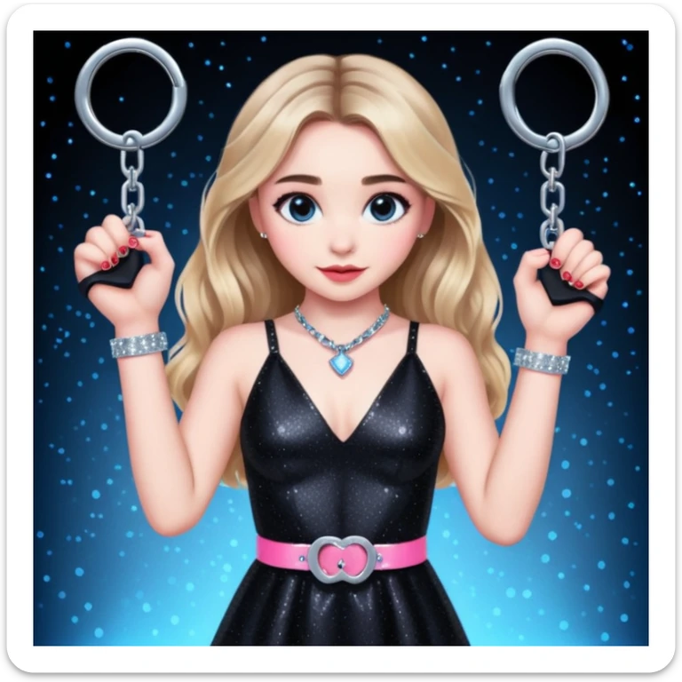 Sabrina carpenter at concert wearing a black sparkly dress with a silver sparkle v neck. she is holding up pink handcuffs. facing audience, blue and red lights setting  sticker