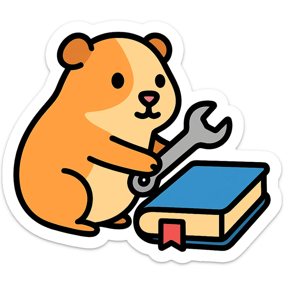guinea pig (cavia) holding a wrench, fixing a book, color outline icon sticker