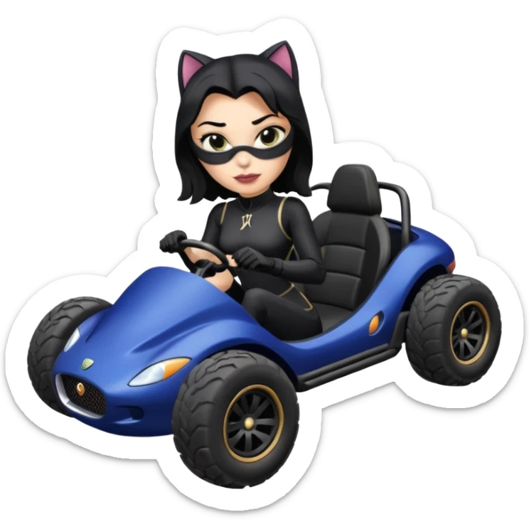 full size real-appearance road glowing racing sexy buxom CatWoman’s feminine midnight-colored tight outfit sixty’s tv show dark stealthy accurate sporty safe plush deluxe off-road pursuit drifting car jaguar (black hair,reclined and relaxed torso and shoulders back against seat) cross kart  sticker