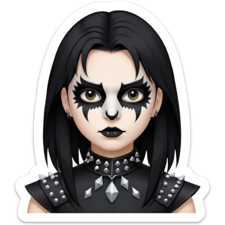 Crea una ragazza con stile black metal,  paint face black metal, capelli neri mossi dalle spalle e occhi bianchi e un collare con borchie a punta sticker