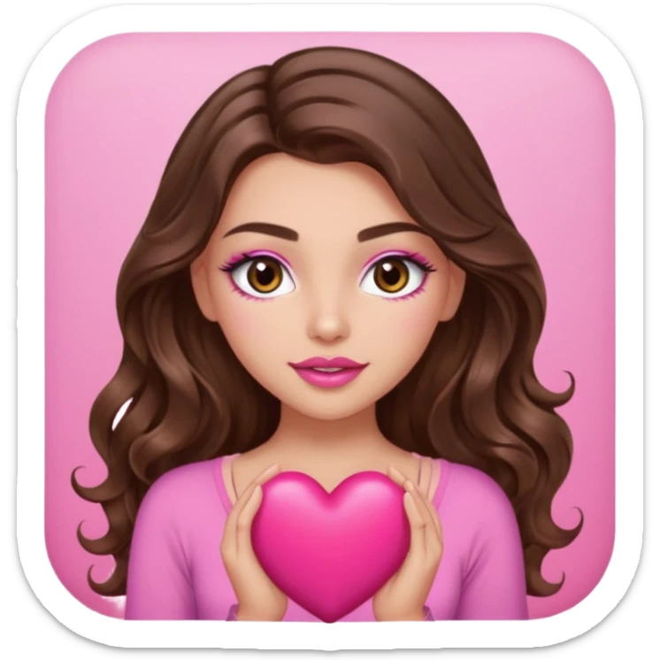 girl with long wavy brown hair, brown eyes, long lashes makeup, sexy pink lips, light to medium complexion, wearing a pink sexy top, squeezing a big heart sticker