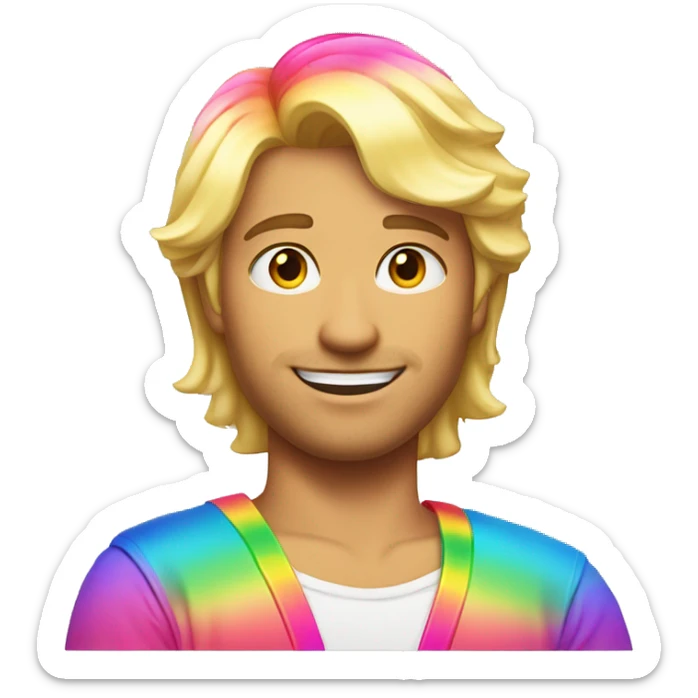 A blond haired shinny feminine man wearing rainbow clothes with a pink streak in their hair sticker