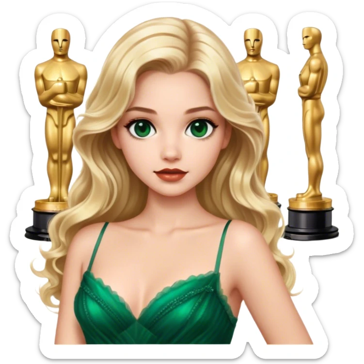blonde model, brown eyes, long wavy hair, oscars red carpet, emerald green tulle gown sticker