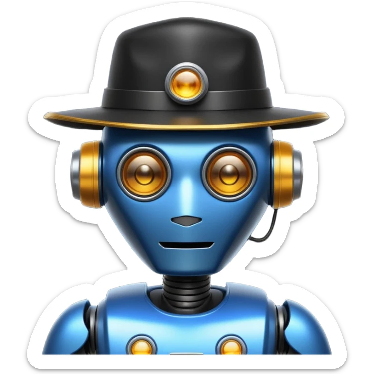 , lo que se refleja en su diseño robótico, ojos amarillos brillantes que emiten luz, y la presencia de alas y una cola con una jeringa de veneno Viste un abrigo oscuro con cuello de piel y un sombrero de capitan sticker