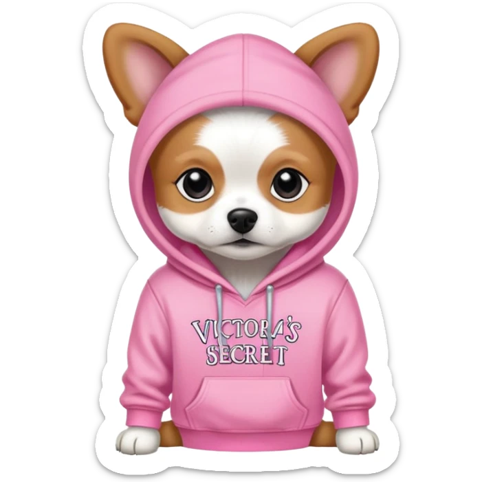 small dog wearing Victoria's Secret pink hoodie with logo sticker