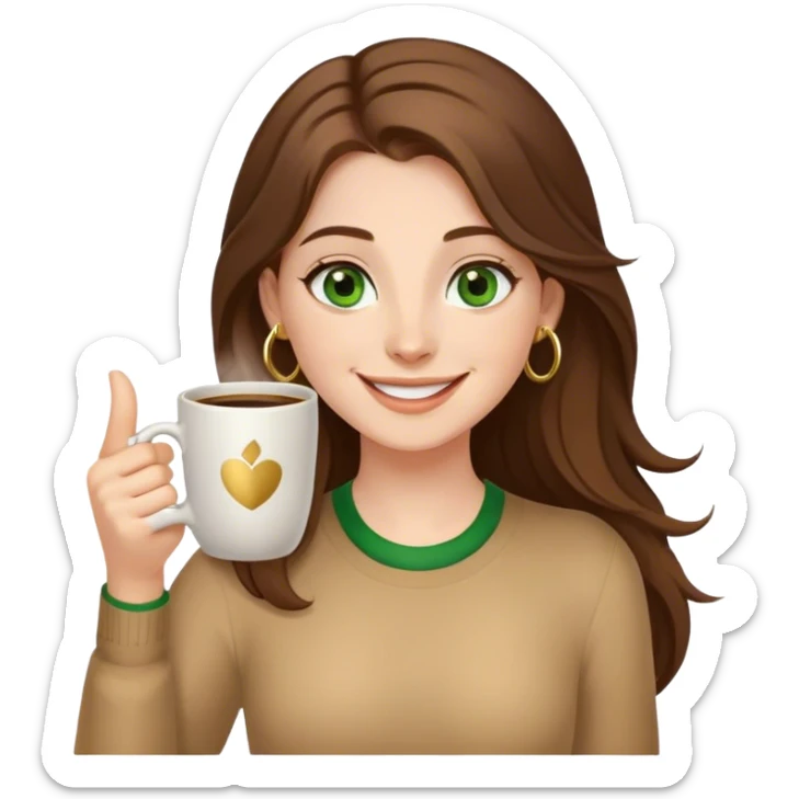Long, Brown haired girl with middle hair part, green eyes, gold hoop nose ring, smiling, waving with one hand, coffee mug in the other sticker