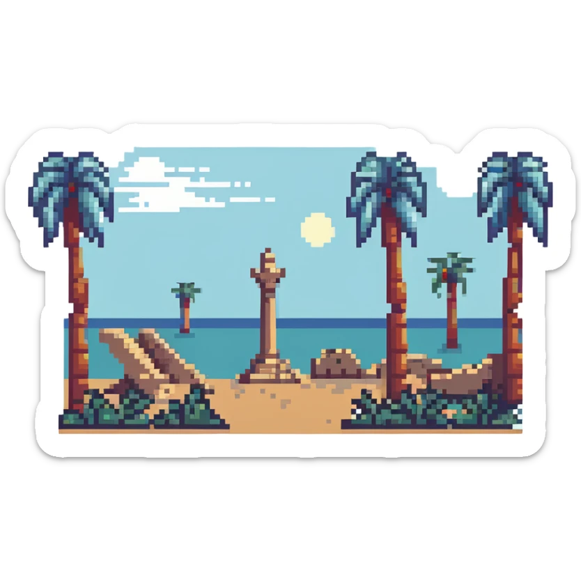 pixel art of the ancient ruins of Carthage with palm trees sticker