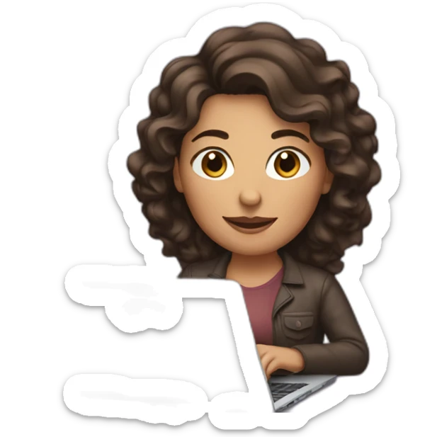 woman with wavy dark brown hair, typing on a laptop sticker