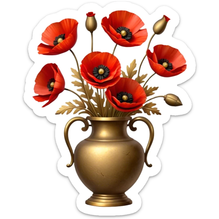 Vibrant red poppies in a weathered brass vase, their petals softly illuminated by golden light. A few dried brown leaves and delicate gold accents enhance the nostalgic feel. sticker