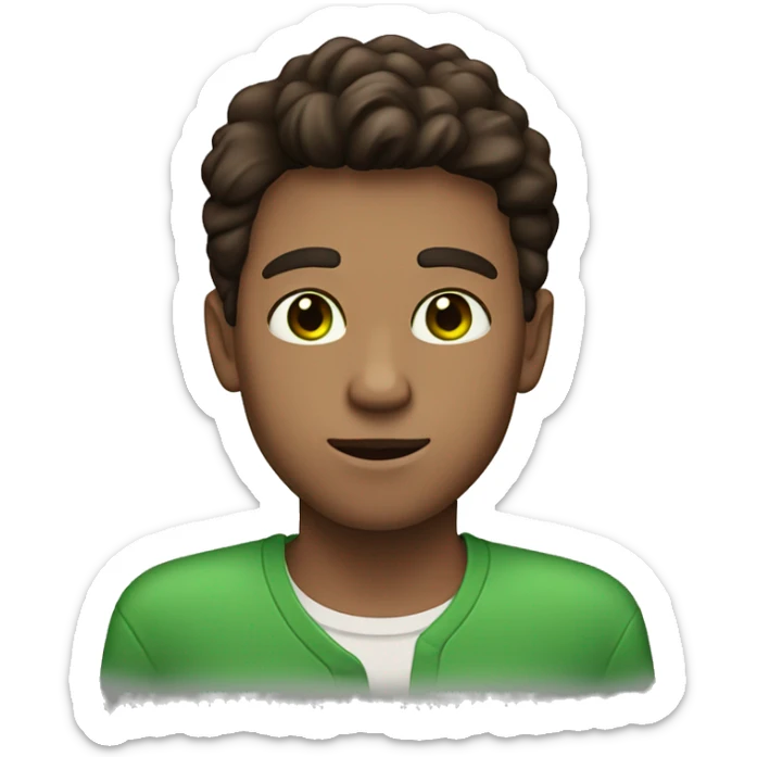 a guy with almond skin and dark brown hair and green eyes holding a heart sticker